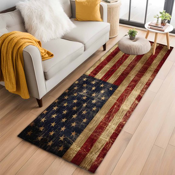 Vintage American Flag Kitchen Runner Rug 2x6 Washable Runners for Hallway Non Slip Farmhouse Shabby Retro Red Blue Large Area Rug Indoor Floor Carpet for Bathroom Laundry Entryway Bedroom Living Room