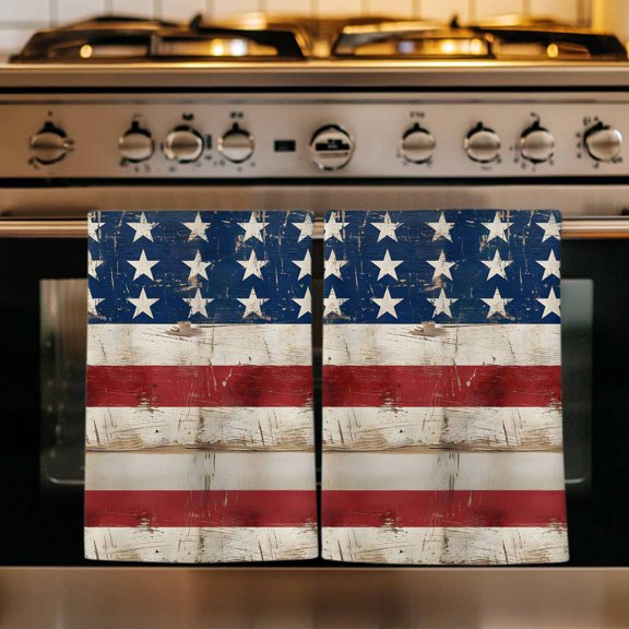 Vintage American Flag Kitchen Towels Set of 4, USA Star Red White Striped Absorbent Dish Towels for Kitchen, Microfiber Hand Towel, Quick Drying Tea Towel for Cleaning Decorative Dishcloths