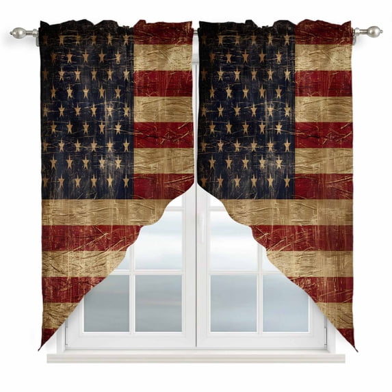 Vintage American Flag Kitchen Window Curtains, Swag Curtains Valance for Bedroom Living Room Bathroom, Farmhouse Shabby Retro Red Blue Rod Pocket Window Curtain Block Drapes 2 Panels 36"x45"