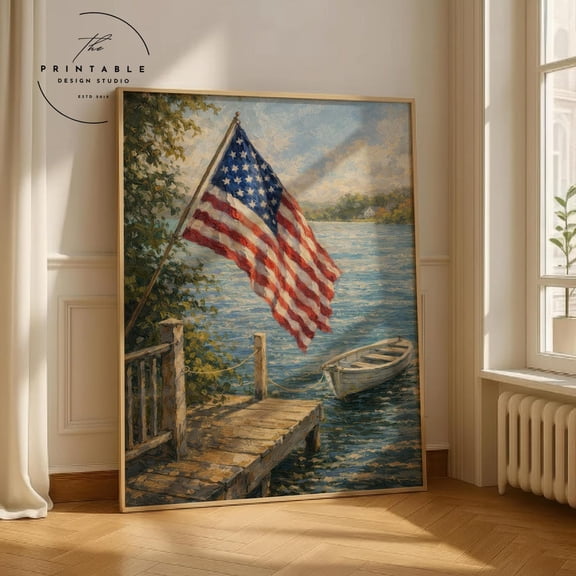 Vintage American Flag Lake Dock Wall Art Farmhouse 4Th Of July Decor Rustic Boat Print
