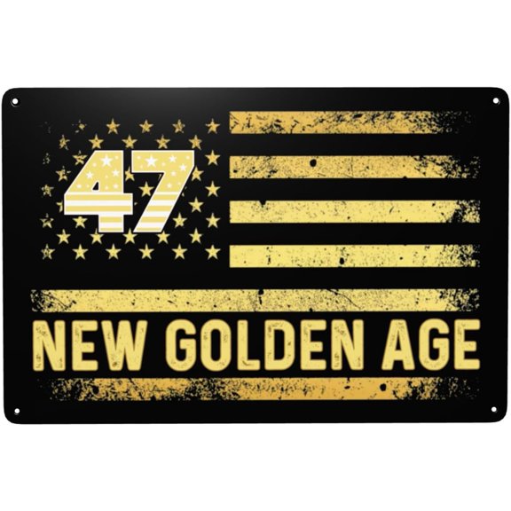 Vintage American Flag Metal Tin Sign, Golden Age of America Wall Art Decor Plaque, 12x8 Inch Retro Sign for Home, Bar, Pub or Club