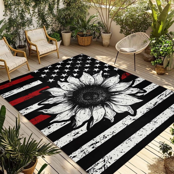 Vintage American Flag Outdoor Rug for Patio/Deck/Porch, Non-Slip Large Area Rug 5 x 7 Ft, Black Red Striped Sunflower Indoor Outdoor Rugs Washable Area Rugs, Reversible Camping Rug Carpet Runner