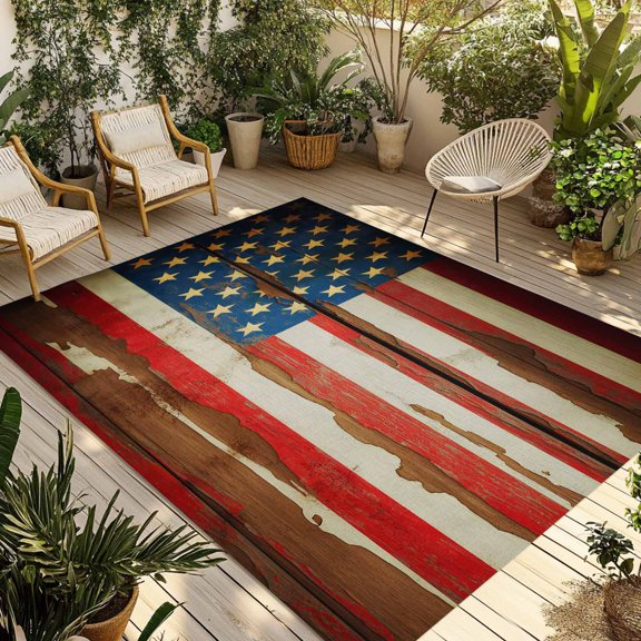 Vintage American Flag Outdoor Rug for Patio/Deck/Porch, Non-Slip Large Area Rug 5 x 7 Ft, Country Stars Stripes Wood US Flag Indoor Outdoor Rugs Washable Area Rugs, Camping Rug Carpet Runner