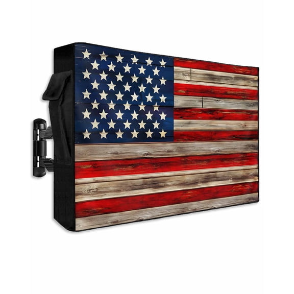 Vintage American Flag Outdoor TV Cover 48 to 50 Inch Weatherproof, Blue Star Red Striped Wooden 600D Oxford TV Covers with Waterproof Zipper, Outside Flat TV Screen Protector Size 48"W x 30"H x 4.5"D