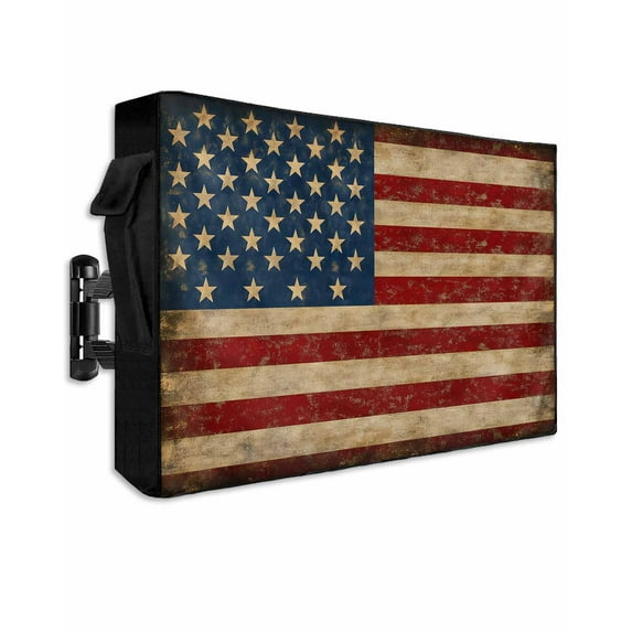 Vintage American Flag Outdoor TV Cover 60 to 65 Inch Weatherproof, Retro USA Flag Blue Red 600D Oxford TV Covers with Waterproof Zipper, Outside Flat TV Screen Protector Size 58"W x 37"H x 4.5"D