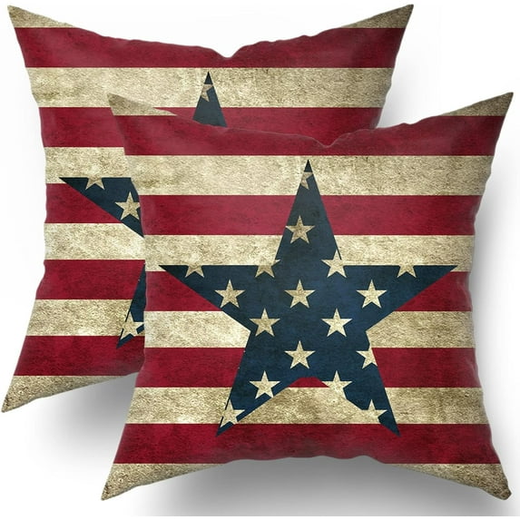 Vintage American Flag Patriotic Pillow Covers Set of Red Stripe Blue Star Pillow Covers 4th of July Pillow Covers Home Decorative Soft Cushion Case for Bed Sofa Couch 18x18 Inch
