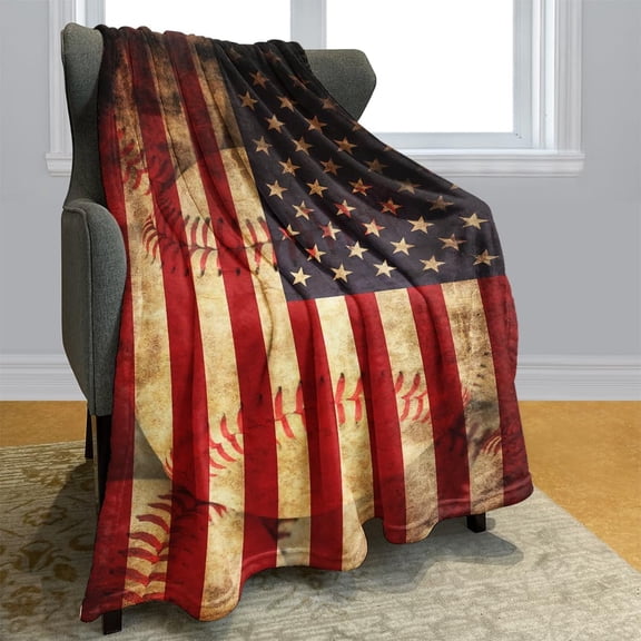 Vintage American Flag Pattern Blanket Warm and Plush Baseball Element Throw for Soldiers, Veterans, Men, Boys (50x60 Inches)