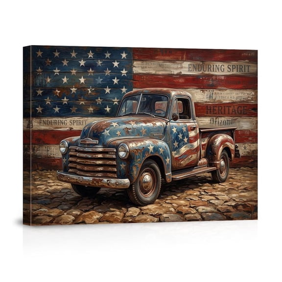 Vintage American Flag Pickup Truck Rustic Heritage For Living Room Man Cave Garage Canvas