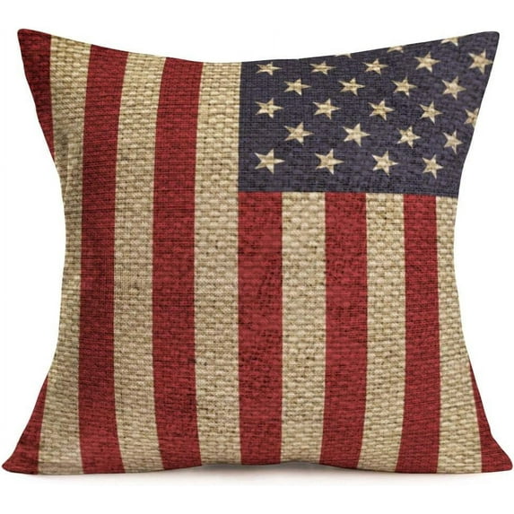 Vintage American Flag Pillow Covers Cotton Linen Star with Stripe Decorative Throw Pillow Cover US Flag Cushion Cover 18x18 Inch for Sofa (MGB14)