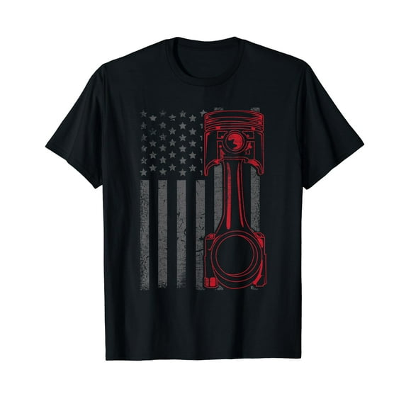 Vintage American Flag Piston Funny Muscle Car Mechanic Gift Black T-Shirt