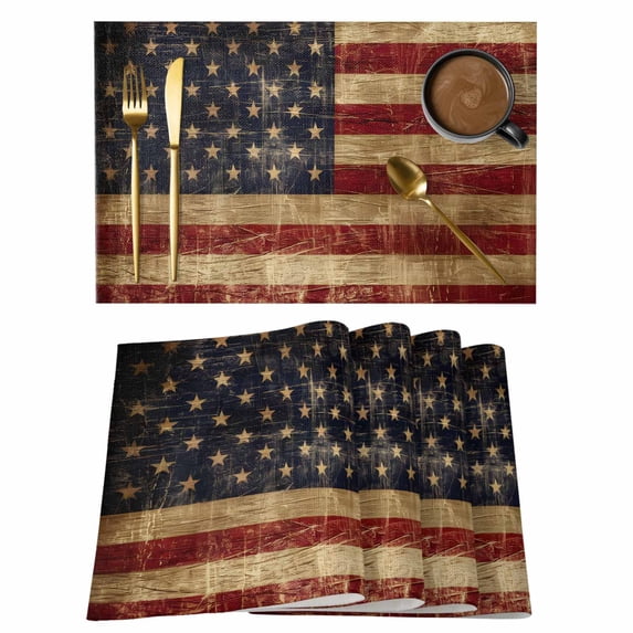Vintage American Flag Placemats Set of 4 Farmhouse Shabby Retro Red Blue Place Mats Indoor Wipeable Table Mats Washable Cloth Dining Table Placemats for Kitchen Holiday Party Home Decor 13x19 Inch