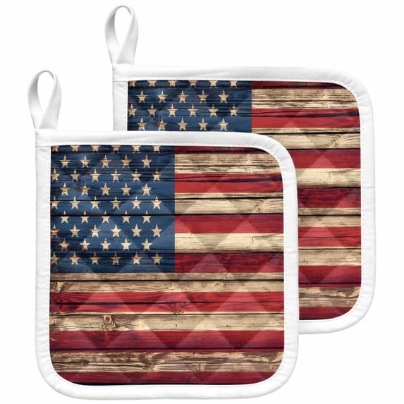 Vintage American Flag Pot Holders for Kitchen Heatproof Potholder, 2 Pack Retro Red Blue Flag Hot Pads Multipurpose Oven Pads Cloth Potholders Trivet for Cooking and Baking