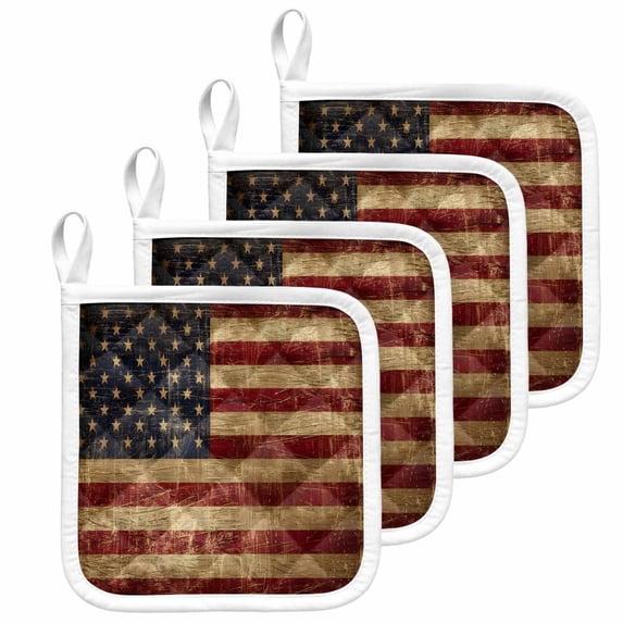 Vintage American Flag Pot Holders for Kitchen Heatproof Potholder, 4 Pack Farmhouse Shabby Retro Red Blue Hot Pads Multipurpose Oven Pads Cloth Potholders Trivet for Cooking and Baking