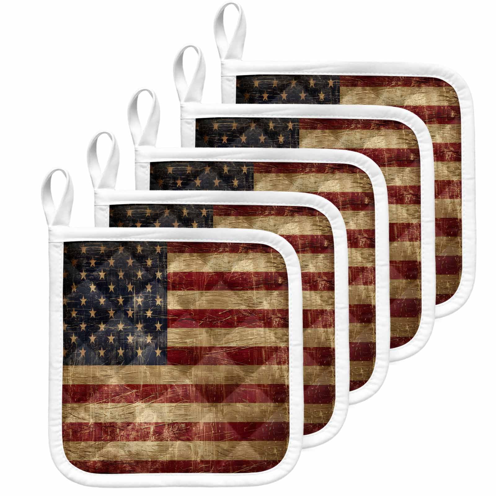 Vintage American Flag Pot Holders for Kitchen Heatproof Potholder, 5 Pack Farmhouse Shabby Retro Red Blue Hot Pads Multipurpose Oven Pads Cloth Potholders Trivet for Cooking Baking