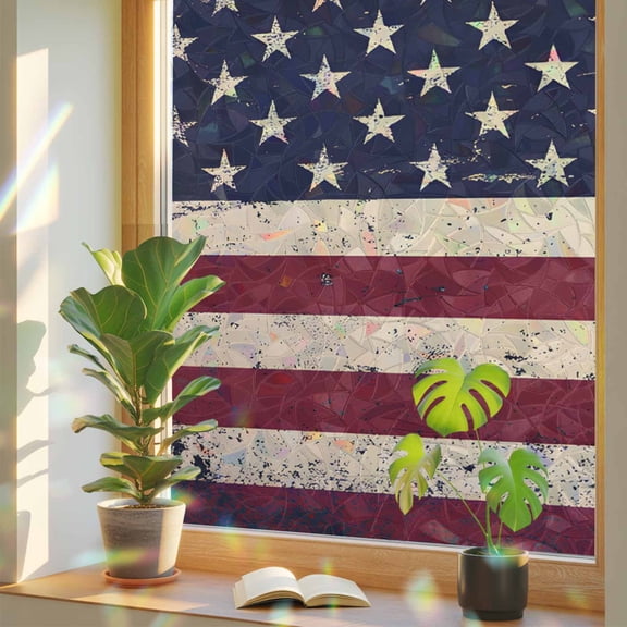 Vintage American Flag Privacy Window Film, Decorative Stained Glass Window Film, Retro Rustic USA Flag Resuable Rainbow Static Cling for Home Bathroom Living Room Glass Door 17.7"x39.3"