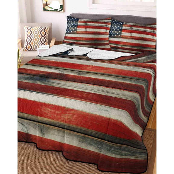 Vintage American Flag Queen Size Down Alternative Comforter, Lightweight Comforter Quilt Bedding Set with Pillow Shams Retro USA Flags Wooden All Seasons Bed Comforter Duvet Insert 90"x96"