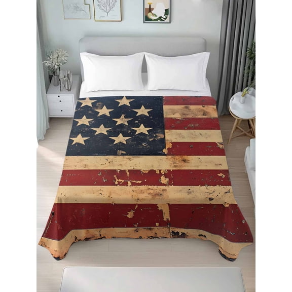 Vintage American Flag Queen Size Flat Sheet, Wrinkleproof & Fadeproof Cooling Flat Bed Sheet Only, Retro US Flag White Red Blue Breathable Soft Bedding Top Sheets 90 x 102 Inches