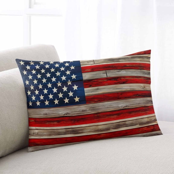 Vintage American Flag Queen Size Pillow Cover, Pillowcase Protectors with Zipper, Breathable Decorative Throw Pillow Case Cover, Blue Star Red Striped Wooden Pillow Shams for Couch Sofa 20x30Inch
