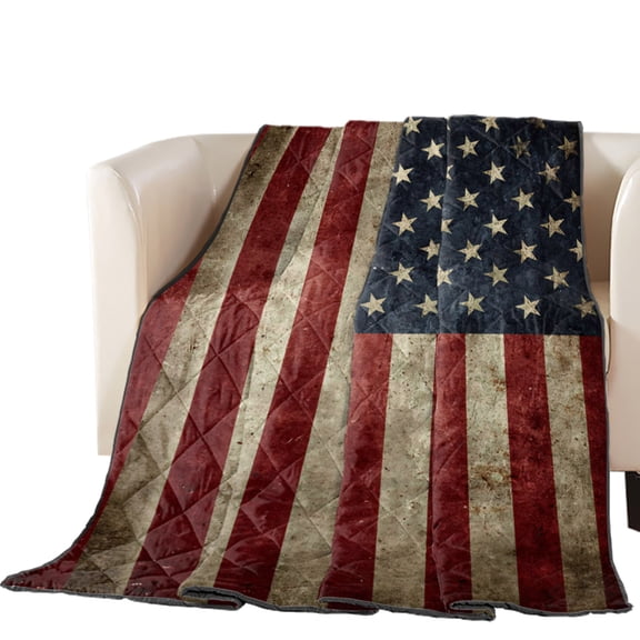 Vintage American Flag Quilted Comforters Cooling Blanket Full Size, Red White Striped Star Independence Day Cold Comfort for Hot Sleepers Lightweight Air Conditioning Quilt Blanket for Bed