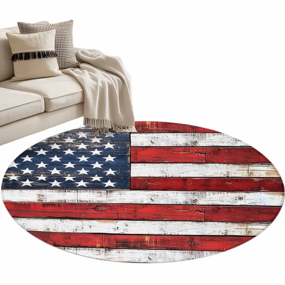 Vintage American Flag Round Area Rug 3 FT, Small Kitchen Bathroom Mat, Country Wooden USA Flag Washable Indoor Outdoor Throw Runner Carpet Non-Shedding Doormat for Table Shower Sofa Entryway
