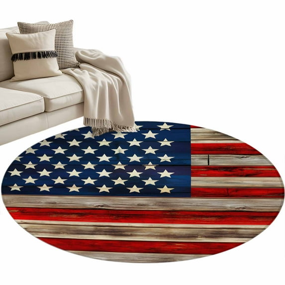 Vintage American Flag Round Area Rug 4 FT, Non Slip Indoor Outdoor Rug, Blue Star Red Striped Wooden Washable Soft Circular Carpet Non-Shedding Floor Mat for Coffee Table Nursery Foyer Balcony