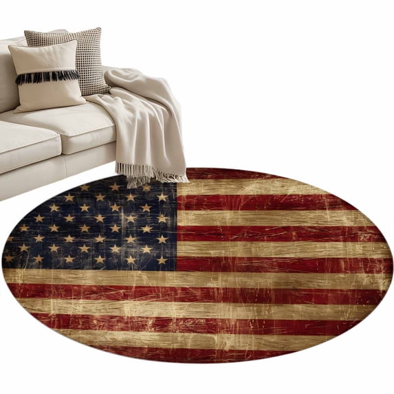 Vintage American Flag Round Rug 4ft Area Rug Washable Soft Non-Slip 4' Circle Low Pile Rugs Farmhouse Shabby Retro Red Blue Carpet for Bedroom Living Room Entryway Home Office Dining Room