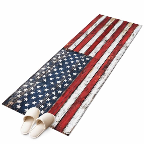 Vintage American Flag Runner Rug 2x6 FT, Non Slip Hallway Carpet, Country Wooden USA Flag Washable Soft Floor Carpet Throw Runner Carpet Long Rug for Entryway Kitchen Bedside Sliding Door