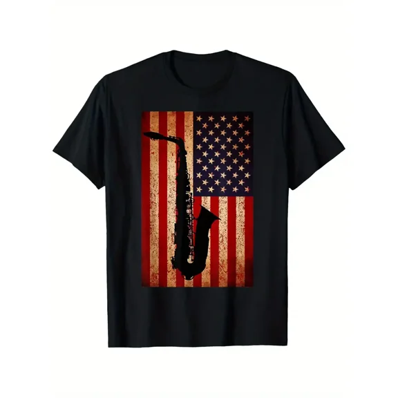 Vintage American Flag Saxophone Funny Sax Music Player Gifts T-Shirt, Suitable for All Men And Women Outdoor Short-Sleeved T-Shirts in All Seasons, Ready to Wear 100% Cotton