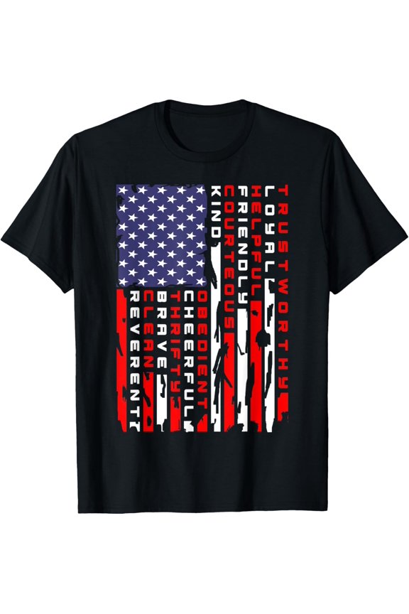 Vintage American Flag Scouting Law T-Shirt- Classic Flag Day shirt Unisex 100% Cotton Crew Neck T-Shirt Breathable Casual Everyday Wear Affordable Graphic Soft t shirt Cheap t shirts