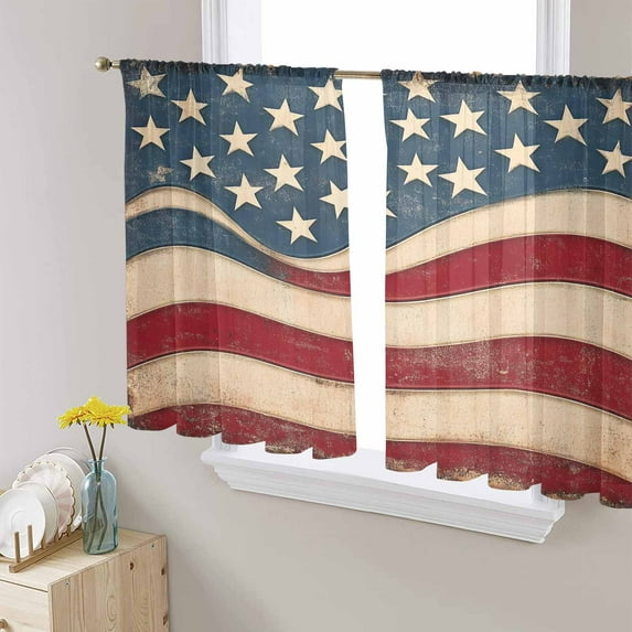 Vintage American Flag Semi Sheer Curtains 45 Inch Length 2 Panels Set, Blue Red White Star US Flag Sheer Kitchen Curtain Privacy Voile Window Curtain for Living Room Bedroom Rod Pocket Drapes