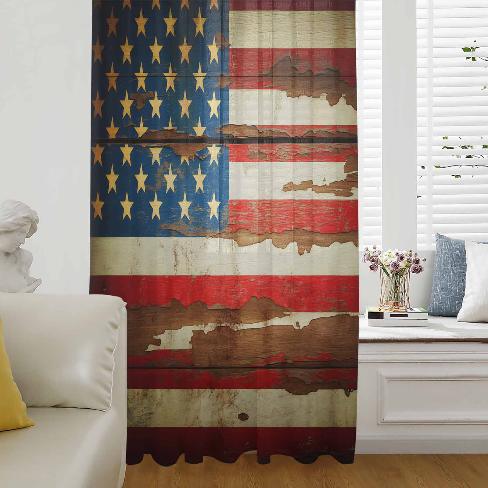 Vintage American Flag Semi Sheer Curtains Drapes for Living Room