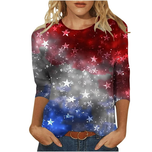 Vintage American Flag Shirts for Women 2025 Fashion Independence Day 3/4 Length Sleeve Tshirts Summer Tops Dressy Casual Crewneck Patriotic Tunic Top Cross Flag Star Stripes Graphic Tees Blouses