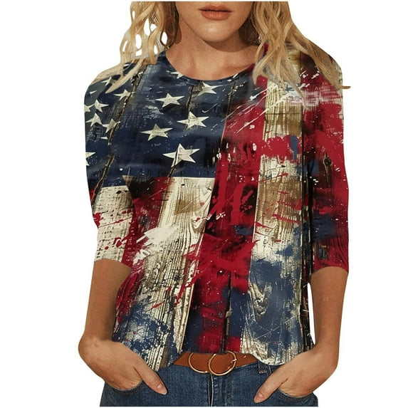 Vintage American Flag Shirts for Women 2025 Fashion Independence Day 3/4 Length Sleeve Tshirts Summer Tops Dressy Casual Crewneck Patriotic Tunic Top Cross Flag Star Stripes Graphic Tees Blouses