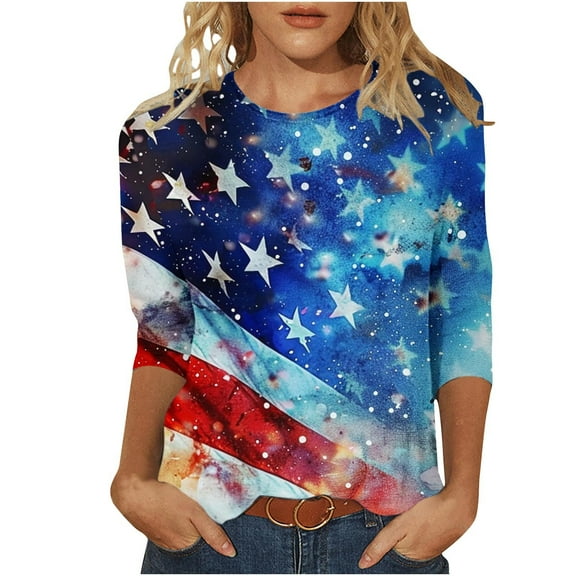 Vintage American Flag Shirts for Women 2025 Fashion Independence Day 3/4 Length Sleeve Tshirts Summer Tops Dressy Casual Crewneck Patriotic Tunic Top Cross Flag Star Stripes Graphic Tees Blouses