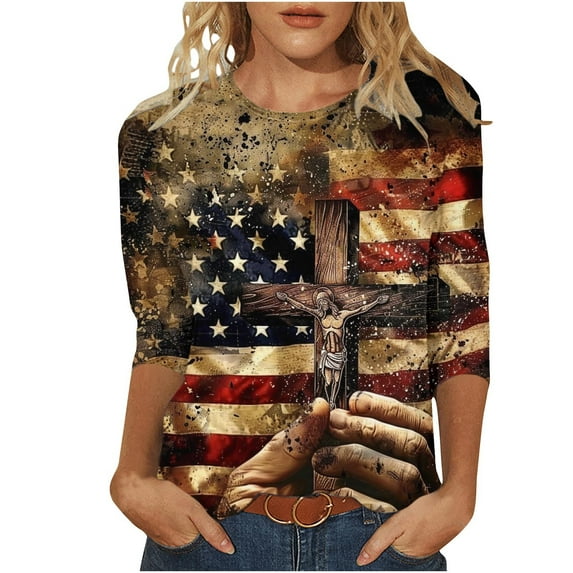 Vintage American Flag Shirts for Women 2025 Fashion Independence Day 3/4 Length Sleeve Tshirts Summer Tops Dressy Casual Crewneck Patriotic Tunic Top Cross Flag Star Stripes Graphic Tees Blouses