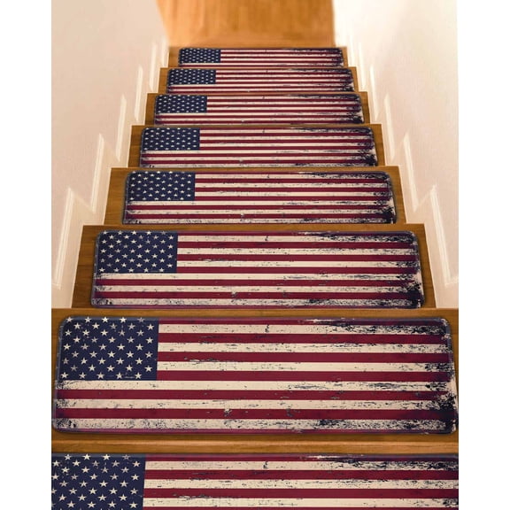 Vintage American Flag Stair Treads for Wooden Steps Indoor Runner Rug Carpet, Retro Rustic USA Flag 7 Pieces Peel and Stick Staircase Step Treads Covers Washable Throw Door Mats, 30"x8"