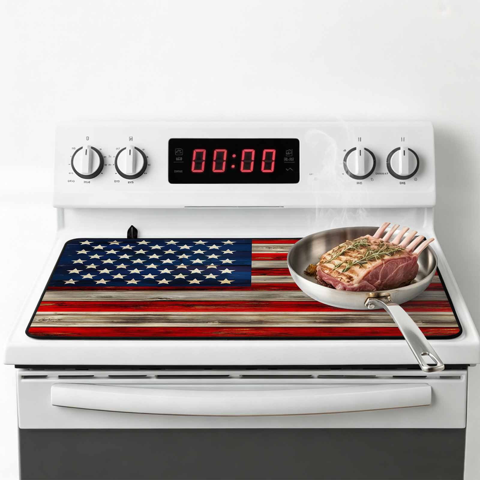 Vintage American Flag Stove Top Cover for Electric Stove, Heat-proof & Non Slip Glass Top Stove Cover Protector, Blue Star Red Striped Wooden Kitchen Flat Cooktop Rubber Mat 24x21 Inches