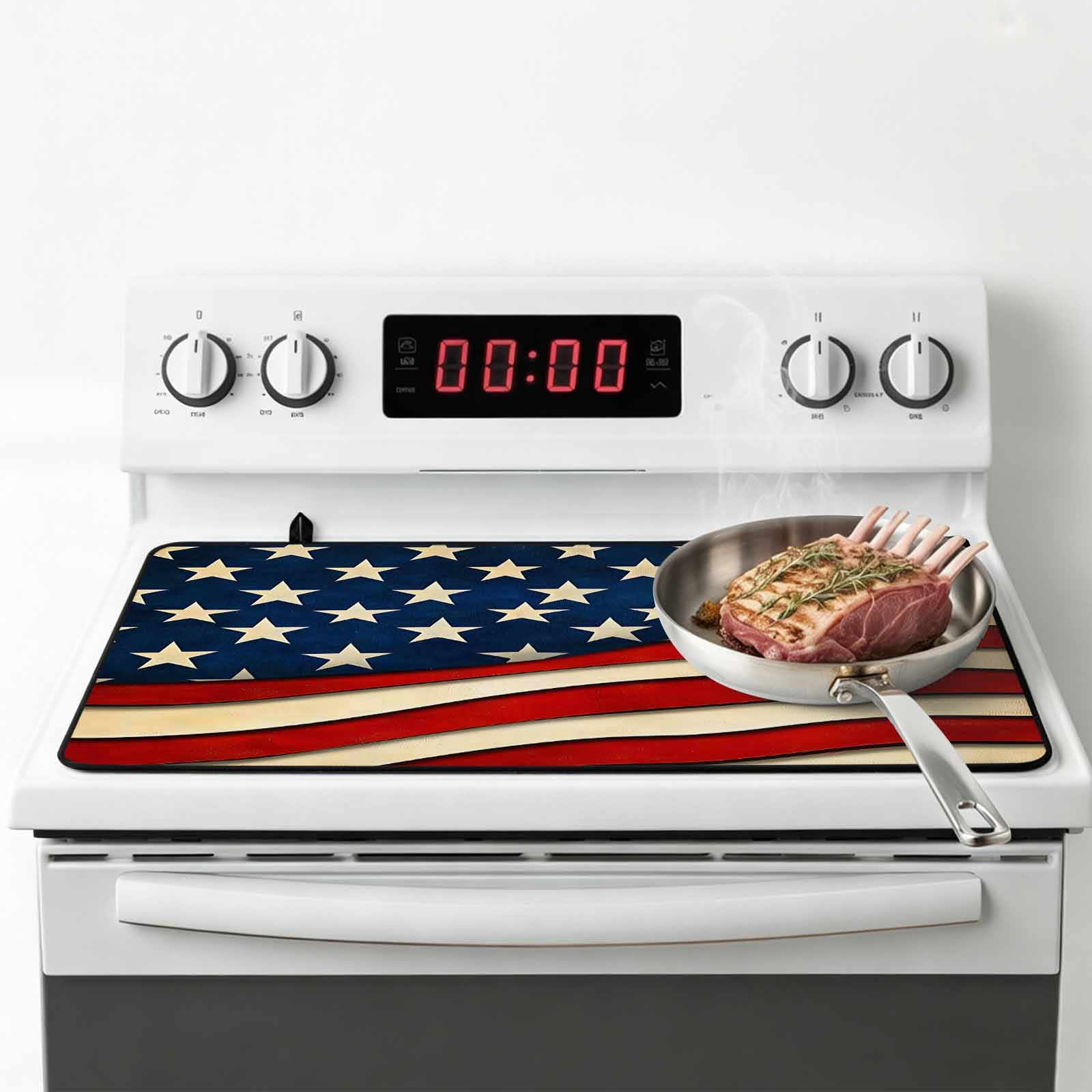 Vintage American Flag Stove Top Cover for Electric Stove, Heat-proof & Non Slip Glass Top Stove Cover Protector, Red Beige Waves Kitchen Flat Cooktop Rubber Mat 24x21 Inches