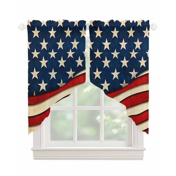 Vintage American Flag Swag Valances for Windows, Red Beige Waves Rod Pocket Sheer Valances for Large Windows, Swag Toppers Light Filtering for Kitchen Living Room 2 Panels 36''x45''