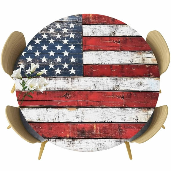 Vintage American Flag Table Cloth, Round Fitted Tablecloths with Elastic Edge, Country Wooden USA Flag Wipeable Waterproof Table Cover for Kitchen Wedding 55-60 Inches