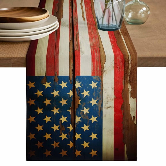 Vintage American Flag Table Runner 108 Inches, Country Stars Stripes Wood US Flag Bed Runner Dresser Scarves Tabletop for Indoor Outdoor Parties/Ceremony/Banquet, 13"x 108"