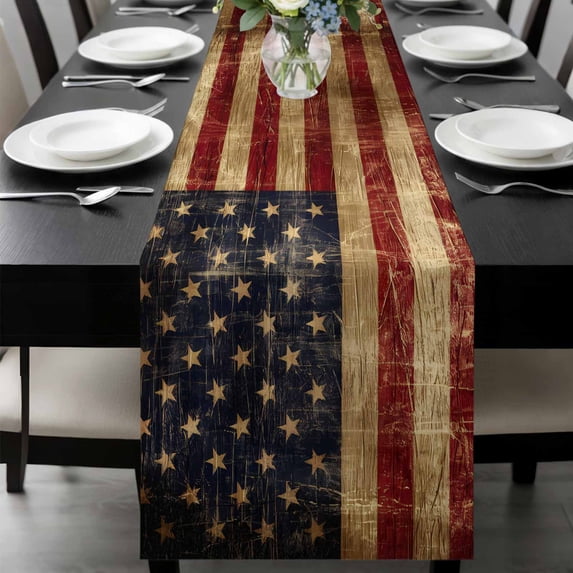 Vintage American Flag Table Runner 120 Inches Long, Farmhouse Shabby Retro Red Blue Kitchen Coffee Dining Table Decoration for Home Party Birthday Wedding Home Decor 13x120 Inches
