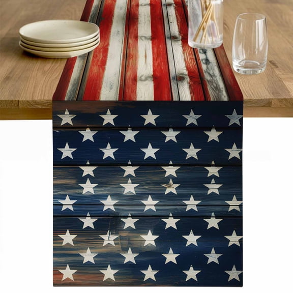 Vintage American Flag Table Runner 48 Inches Long Farmhouse Dress Scarves, Retro USA Flags Wooden Dining Tablerunner for Coffee Table/Kitchen Island/Party Décor, 13" x 48"