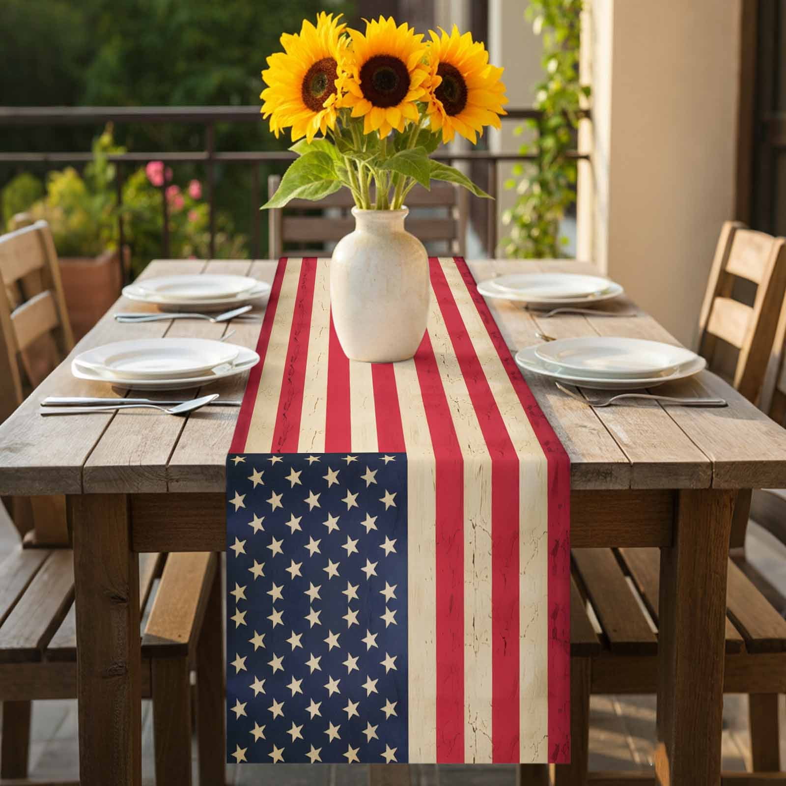 Vintage American Flag Table Runner-70 Inch Long Red White Striped Table Runners Linen Burlap Tablerunner for Kitchen Dining Room Holiday Party