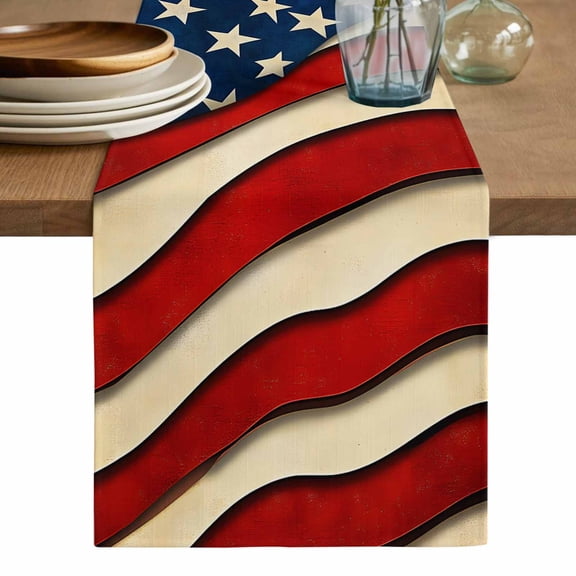 Vintage American Flag Table Runner, Red Beige Waves Washable Cotton Linen Table Runners 36 Inches Long, Dresser Scarf Runner for Nightstand/End Tables/Round Tables 13''x36''