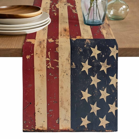 Vintage American Flag Table Runner, Retro US Flag White Red Blue Washable Cotton Linen Table Runners 36 Inches Long, Dresser Scarf Runner for Nightstand/End Tables/Round Tables 13''x36''