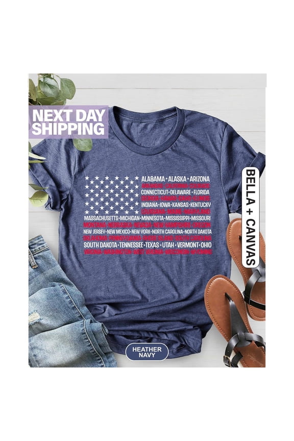 Vintage American Flag Tee with States, Fourth of July Tees, United States T-Shirt, 4th of July Tee, USA Shirt, Patriotic Shirt, Dad Tshirt All Size S-5XL