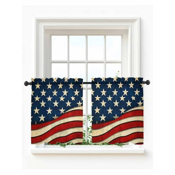 Vintage American Flag Tier Curtains 36 Inch Length, Sheer Curtains for Bedroom Living Room Window, Red Beige Waves Rod Pocket Voile Drapes Kitchen Curtains Small Half Window 27.5"x36" 2 Panels