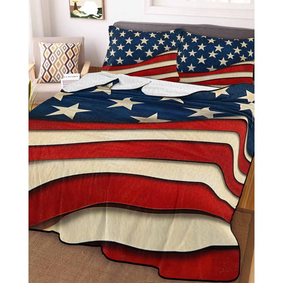 Vintage American Flag Twin Size Down Alternative Comforter, Lightweight Comforter Quilt Bedding Set with Pillow Shams Red Beige Waves All Seasons Bed Comforter Duvet Insert 68"x86"