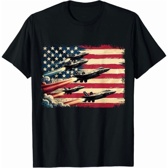 Greenink Vintage American Flag USA Fighter Jets 4th of July Patriotic Boys Gifts T-Shirt Men Women Kids Tees Crew Neck Short Sleeve T Shirts